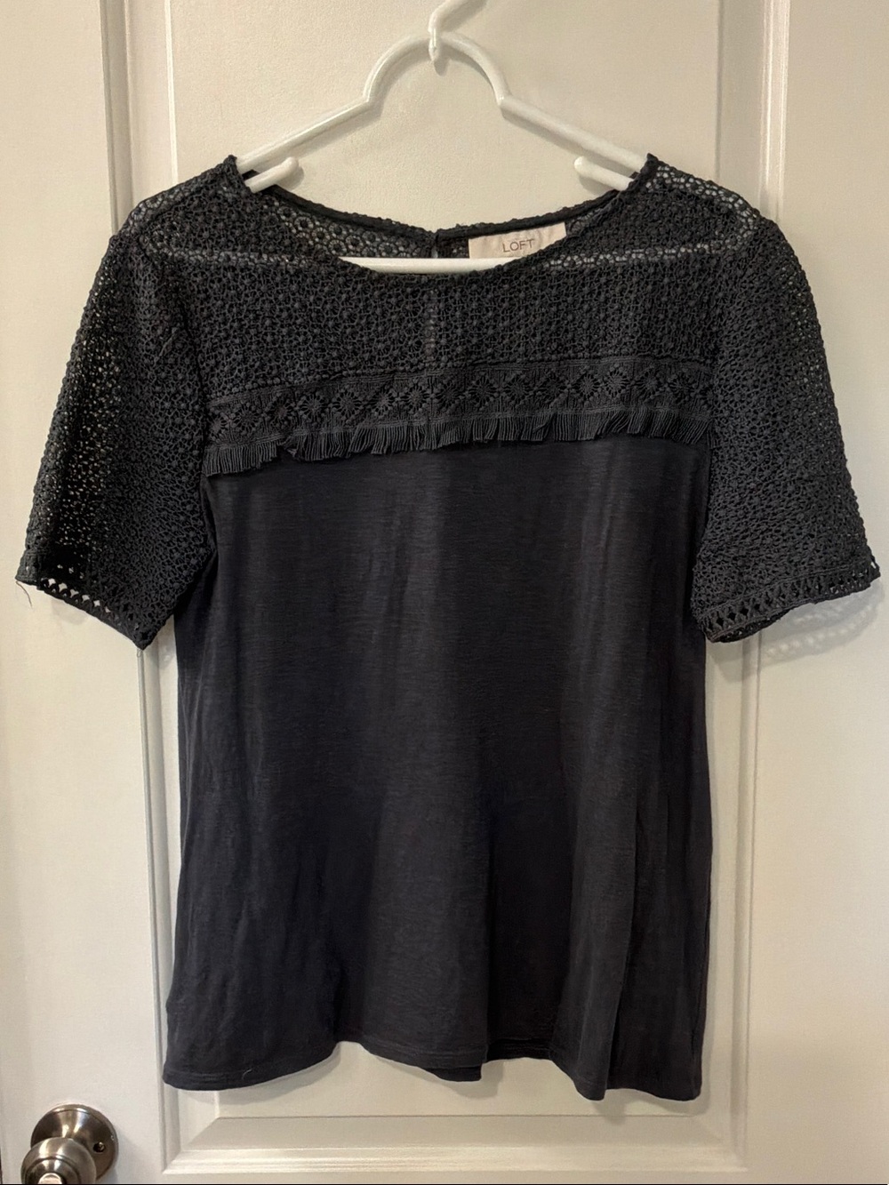 LOFT Dark Gray Crochet Yoke Lace Fringe Short Sleeve Tee